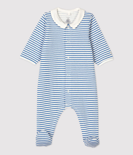 Baby-Strampler aus Bio-Baumwolle mit Kragen und blauem Streifenmuster weiss MARSHMALLOW/blau ALASKA